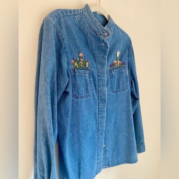 Vintage Denim Embellished Button-Up Shirt By Ruff Hewn With Embroidery Size M - Picture 3 of 8